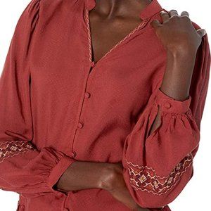 Jessica Simpson Arya Bubble Sleeve Ruffle Hem Red Pear Woven Button Top L